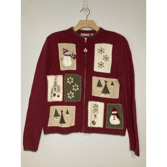 Vintage Croft & Barrow Sweater Petite M Red Full Zip Snowman Christmas Patchwork - Picture 1 of 10